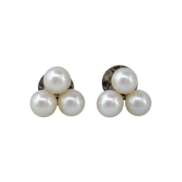 Estate Sterling Silver 925 Triplet Pearl Stud Earrings - Picture 3 of 9